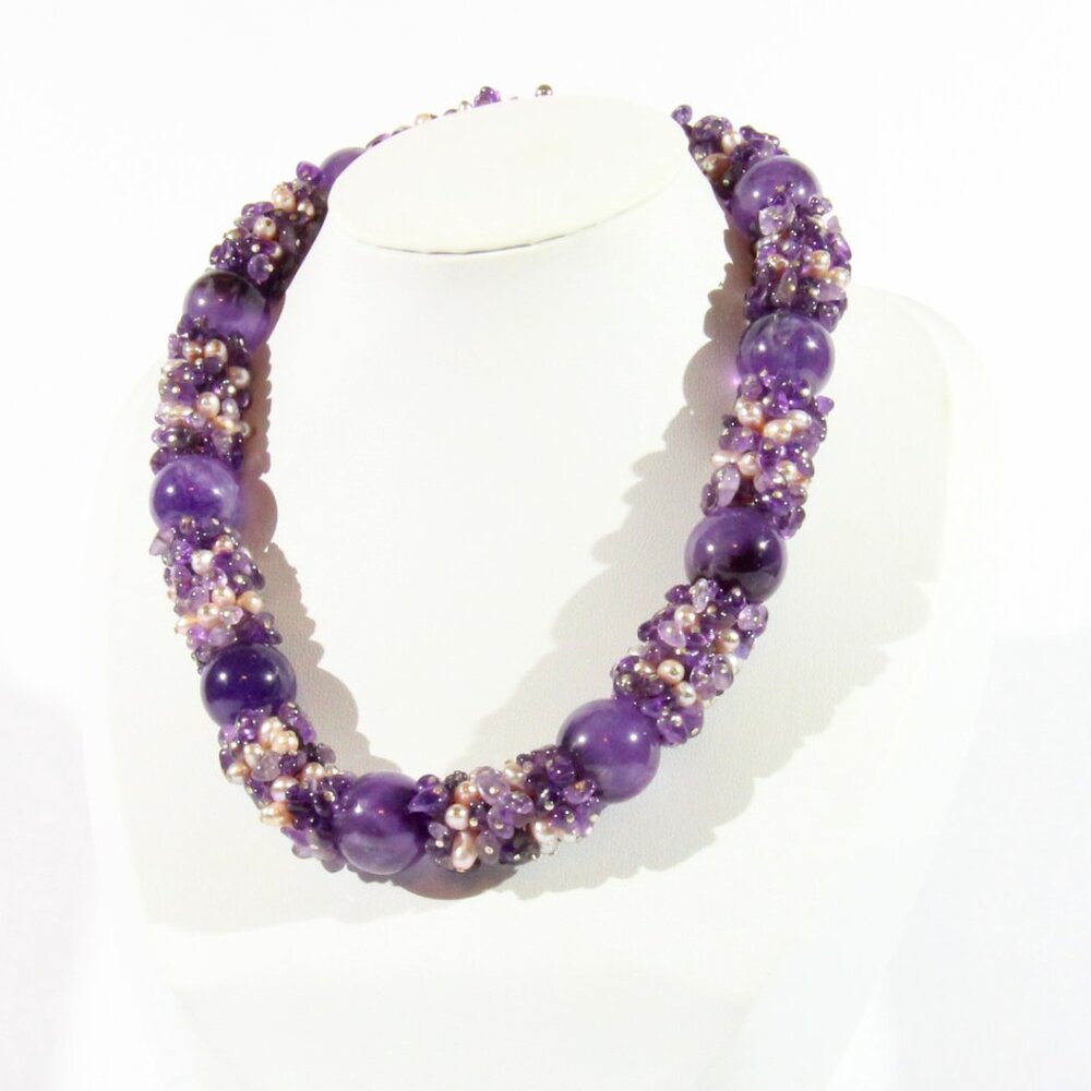 Sterling Silver .925 Amethyst and Pearl Stone Necklace - Picture 2 of 11